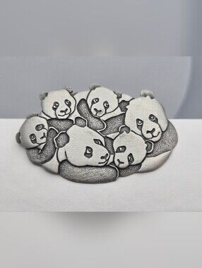 Vintage JJ Panda Family Brooch Pewter Animal Pin Signed Jonette Jewelry